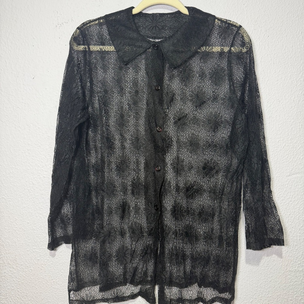 Vintage Black Sheer Floral Lace Button Down Shirt Gothic Whimsygoth y2k Top M?